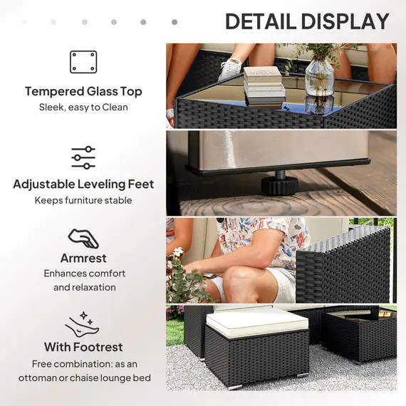 Buy 3 Pieces Garden Furniture Set w/ Cushions, PE Rattan Wicker Conversation Corner Sofa Set, 6 image
