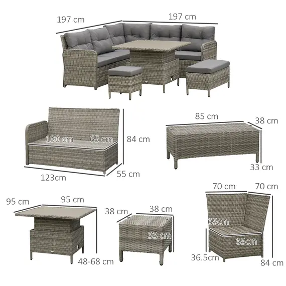 Buy Outsunny 6 Pieces Outdoor PE Rattan Garden Furniture, Patio Wicker Sectional Conversation Corner Sofa with Soft Padded Cushion and Liftable Coffee Table, 123 x 55 x 84 cm, Grey, 3 image