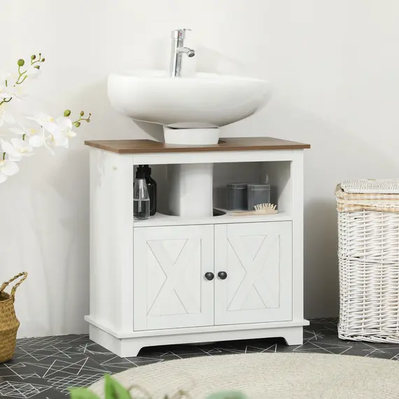 Buy Under Sink Cabinet Bathroom Vanity Unit with Double Doors and Storage Shelves, 60 x 30 x 60cm, White, 2 image