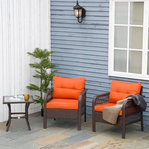 Buy 3 Pieces Rattan Bistro Set with Glass Top Coffee Table, Chairs and Cushions for Outdoor, Patio, Balcony, Orange, 2 image