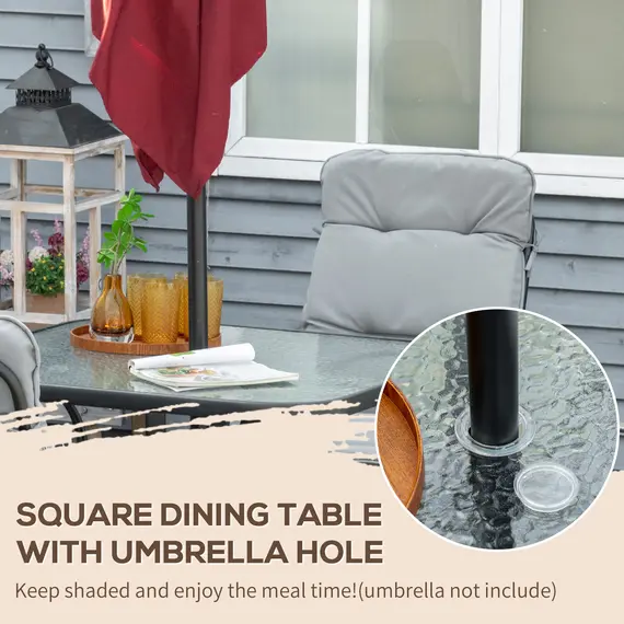 Buy Outsunny 5 Pieces Outdoor Square Garden Dining Set w/ Tempered Glass Dining Table 4 Cushioned Armchairs, Umbrella Hole, Grey, 4 image