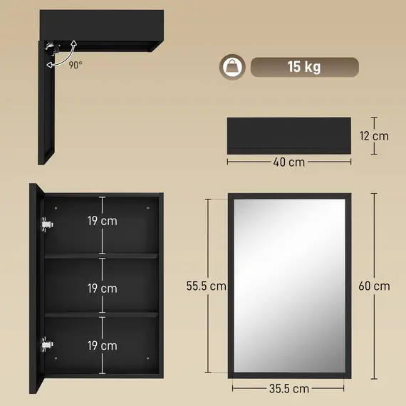 Buy Bathroom Cabinet with Mirror, Wall Mounted Bathroom Mirror Cabinet with Storage Shelves, 40 x 12 x 60 cm, Black, 3 image