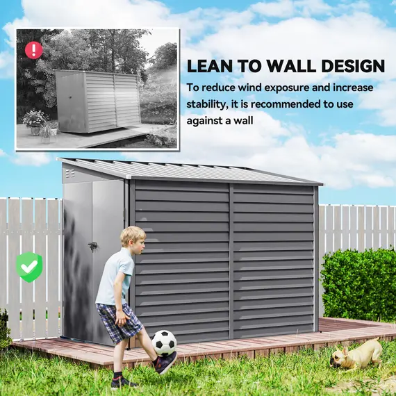 Buy Outsunny 5 x 9ft Galvanised Metal Garden Shed with Foundation Kit, Outdoor Lean-to Shed, Tool Storage House with Lockable Doors, Gloves and 2 Air Vents for Patio, Garden, Grey, 6 image