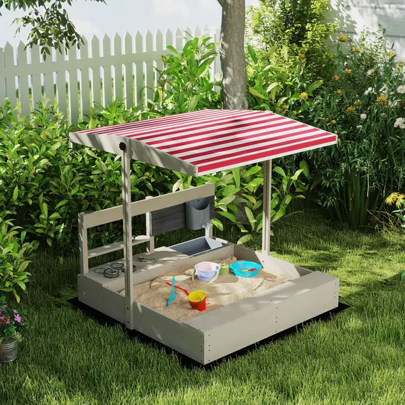 Buy Outsunny Kids Wooden Sandbox w/ Canopy, Kitchen Toys, Seat, Storage, for Ages 3-7 Years, 8 image