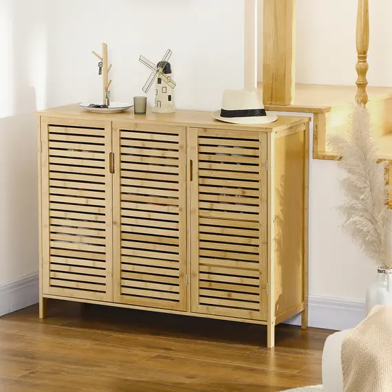 Buy Rustic Shoe Cabinet, 3 Door Shoe Storage Cabinet with 8 Shelves, Natural Wood Finish, 7 image