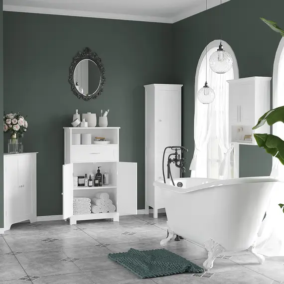 Buy Tall Bathroom Storage Unit, Slim Bathroom Cabinet with Adjustable Shelves and Double Door, White, 9 image
