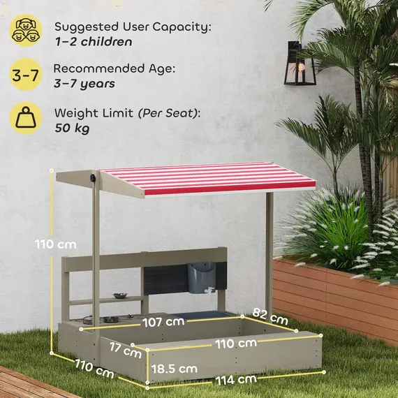 Buy Outsunny Kids Wooden Sandbox w/ Canopy, Kitchen Toys, Seat, Storage, for Ages 3-7 Years, 3 image