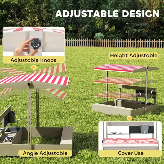 Buy Outsunny Kids Wooden Sandbox w/ Canopy, Kitchen Toys, Seat, Storage, for Ages 3-7 Years, 4 image