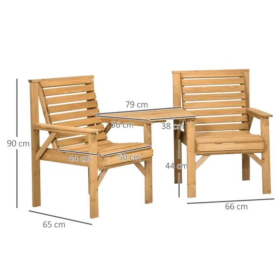 Buy Outsunny Wooden Garden Love Seat, 2 Seater Jack & Jill Companion Seat with Coffee Table and Parasol Hole, Partner Bench, Table and Chairs Set, Outdoor Furniture for Garden, Balcony, Patio, Brown, 3 image