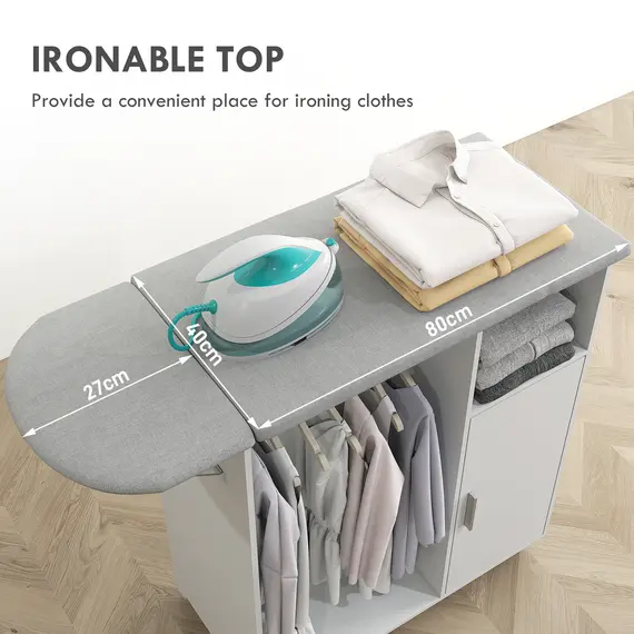 Buy Rolling Ironing Board Cabinet, Foldable Ironing Station with Storage, Wheels for Home, Laundry Room, White, 4 image