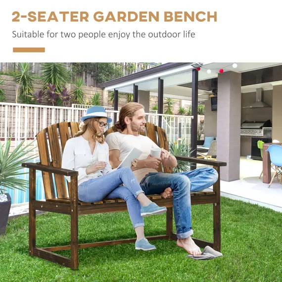 Buy Outdoor Wooden Garden Bench, Patio Loveseat Chair with Slatted Backrest and Smooth Armrests for Two People, for Yard, Lawn, Porch, Carbonised Finish, 5 image