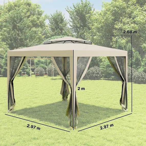 Buy Outsunny 3 x 3 m Gazebo, Netting Party Tent, Patio Canopy Outdoor Event Shelter with Double Tier Roof, Beige, 3 image