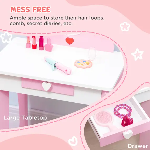 Buy ZONEKIZ 4PCs Kids Bedroom Furniture Set with Bed, Toy Box Bench, Dressing Table and Stool, Princess Themed, for 3-6 Years Old, Pink, 5 image