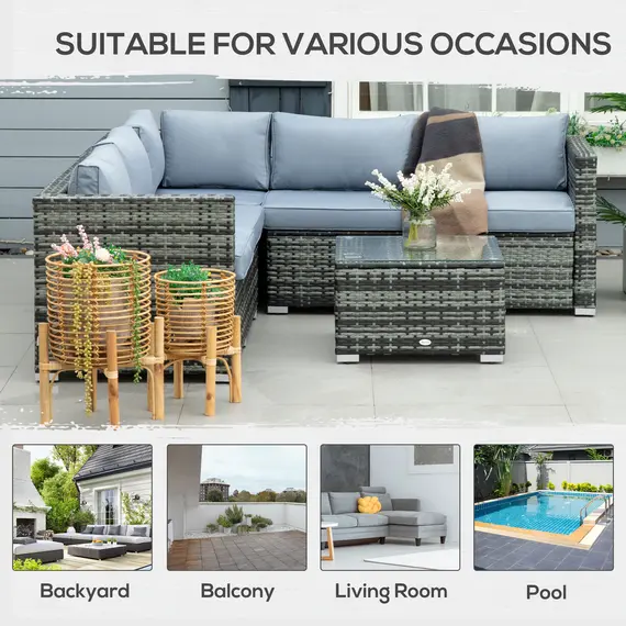 Buy Outsunny Four-Piece Rattan Sofa Set with 11 Cushions, Steal Frame - Grey, 7 image