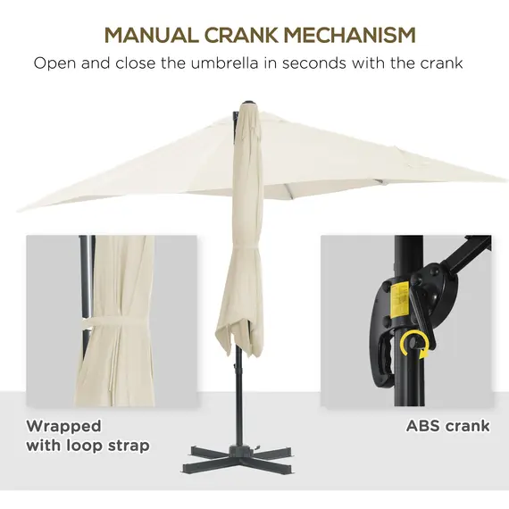 Buy Outsunny 2.5 x 2.5m Patio Offset Parasol Umbrella Cantilever Hanging Aluminium Sun Shade Canopy Shelter 360° Rotation with Crank Handle and Cross Base, Cream White, 6 image