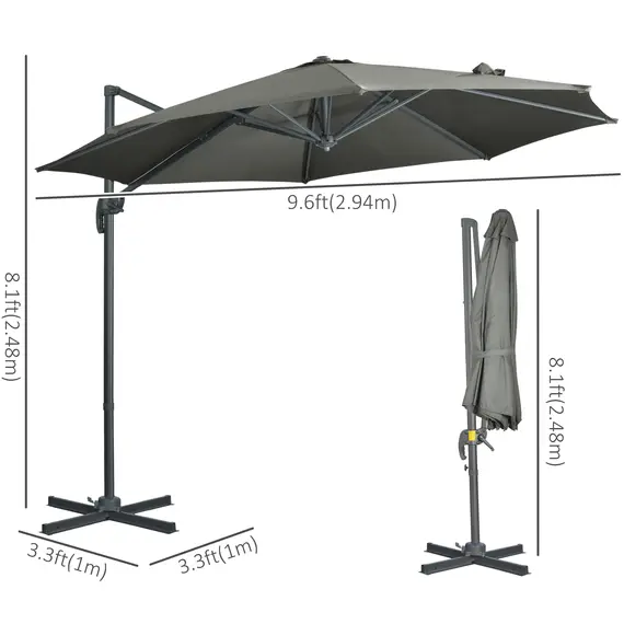 Buy Outsunny 3 x 3(m) Cantilever Parasol with Cross Base, Garden Umbrella with 360° Rotation, Crank Handle and Tilt for Outdoor, Patio, Grey, 3 image