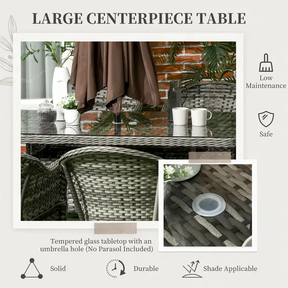 Buy Outsunny Seven-Piece Rattan Dining Set with Tempered Glass Table Top and Parasol Hole - Grey, 5 image