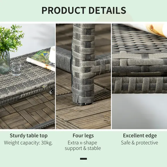 Buy Outdoor Coffee Table, Garden PE Rattan Side Table with Plastic Board Under the Full Woven Table Top and Rectangular Frame for Patio, Balcony, Mixed Grey, 6 image