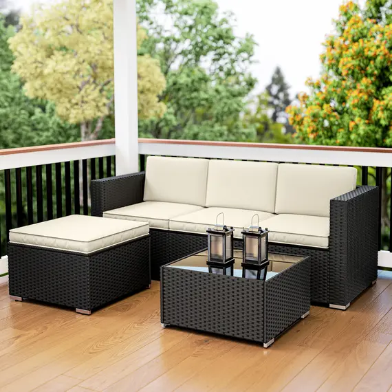 Buy 3 Pieces Garden Furniture Set w/ Cushions, PE Rattan Wicker Conversation Corner Sofa Set, 9 image