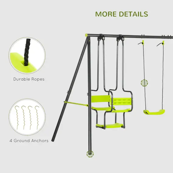 Buy Metal Garden Swing Set with Double Swings, Glider, Swing Seats - Green, 7 image
