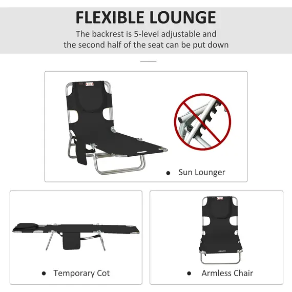 Buy Outsunny Foldable Sun Lounger, Beach Chaise Lounge with Reading Hole, Arm Slots, 5-Position Adjustable Backrest, Side Pocket, Pillow for Garden, Beach, Camping, Black, 4 image
