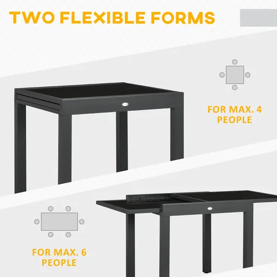 Buy Outsunny Extending Garden Table, Outdoor Dining Table with Aluminium Frame and Tempered Glass Tabletop, 80/160 x 80 x 75 cm, Black, 4 image