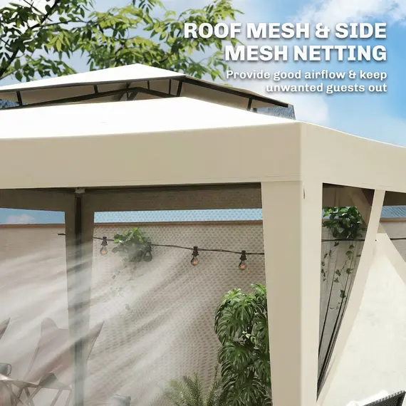 Buy Outsunny 3 x 3 m Gazebo, Netting Party Tent, Patio Canopy Outdoor Event Shelter with Double Tier Roof, Beige, 6 image