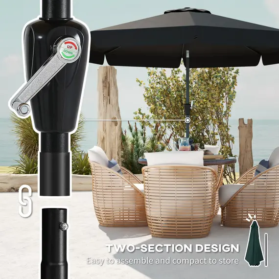 Buy Outsunny 2.7m Patio Parasol Garden Umbrellas Outdoor Sun Shade Table Umbrella with Tilt, Crank, 8 Ribs, Ruffles, Black, 7 image