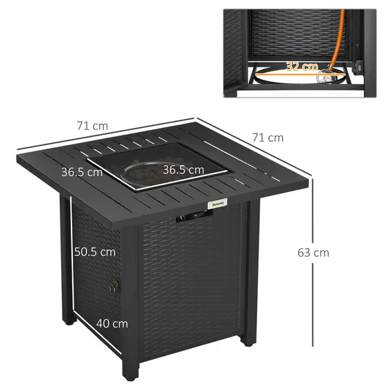 Buy Outsunny Rattan-style Propane Gas Fire Pit Table with 40,000 BTU Burner, Square Smokeless Firepit Patio Heater with Thermocouple, Lava Rocks, Waterproof Cover, Spark Guard and Lid, Black, 3 image