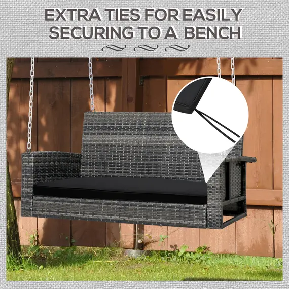 Buy 2-Seater Garden Bench Cushion with Ties, Swing Chair Cushion, Replacement Cushion for Outdoor Furniture, 110 x 46 cm, Black, 4 image