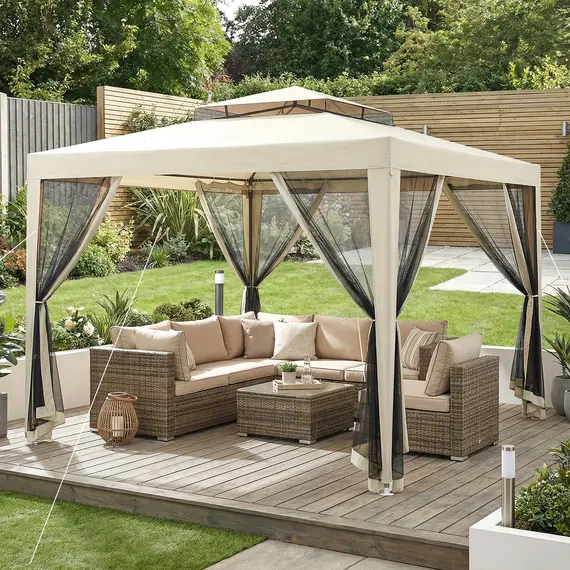Buy Outsunny 3 x 3 m Gazebo, Netting Party Tent, Patio Canopy Outdoor Event Shelter with Double Tier Roof, Beige, 2 image