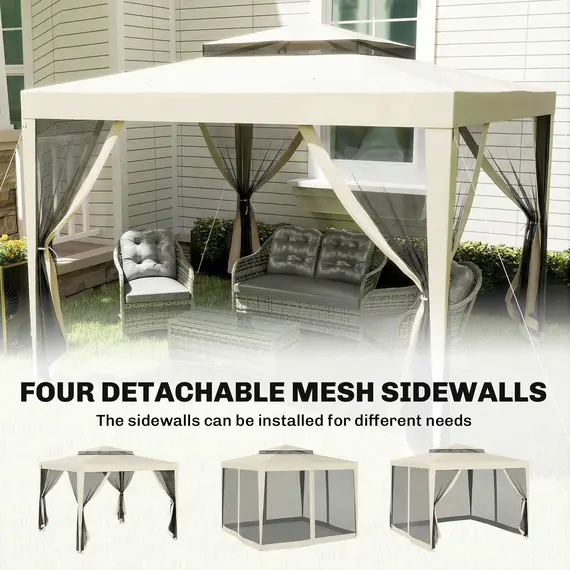 Buy Outsunny 3 x 3 m Gazebo, Netting Party Tent, Patio Canopy Outdoor Event Shelter with Double Tier Roof, Beige, 7 image