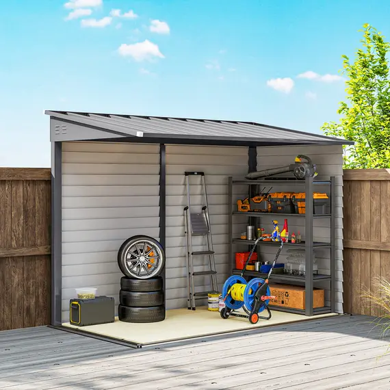 Buy Outsunny 5 x 9ft Galvanised Metal Garden Shed with Foundation Kit, Outdoor Lean-to Shed, Tool Storage House with Lockable Doors, Gloves and 2 Air Vents for Patio, Garden, Grey, 9 image