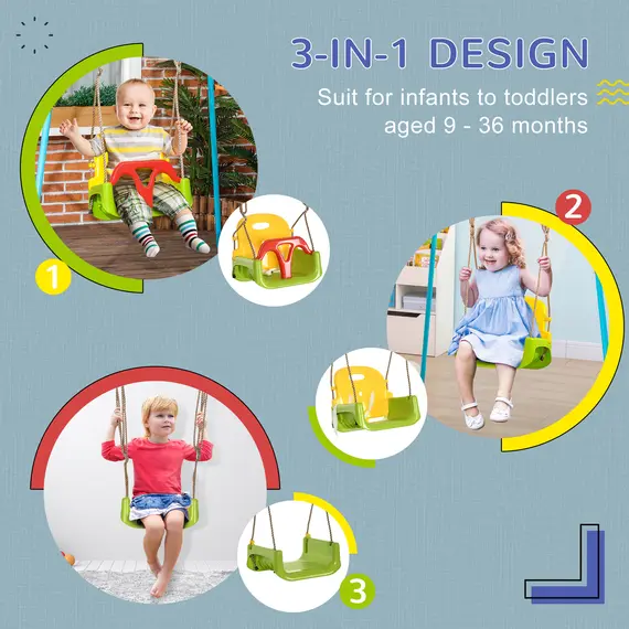 Buy 3 in 1 Detachable Kids Swing Seat with Safety Belt, Adjustable Rope for Indoor, Outdoor, Playground, Garden, Green, 4 image
