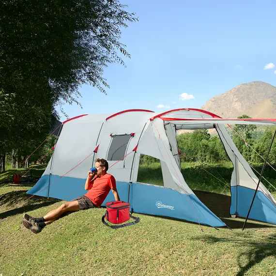 Buy 6-8 Person Tunnel Tent, Camping Tent with Bedroom, Living Room, Sewn-in Floor, 3 Doors and Carry Bag, 2000mm Water Column for Fishing, Hiking, Sports, and Traveling, Blue, 2 image