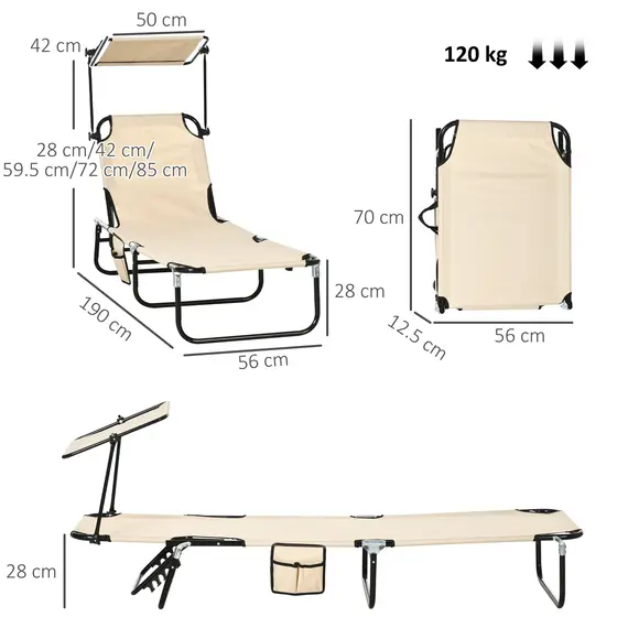 Buy Outsunny 2 Piece Folding Sun Loungers with Canopy, Adjustable Recliner Garden Chairs with Side Pocket, Steel Frame and Breathable Mesh for Outdoor, Pool, Beach, Garden, Tan Brown, 3 image