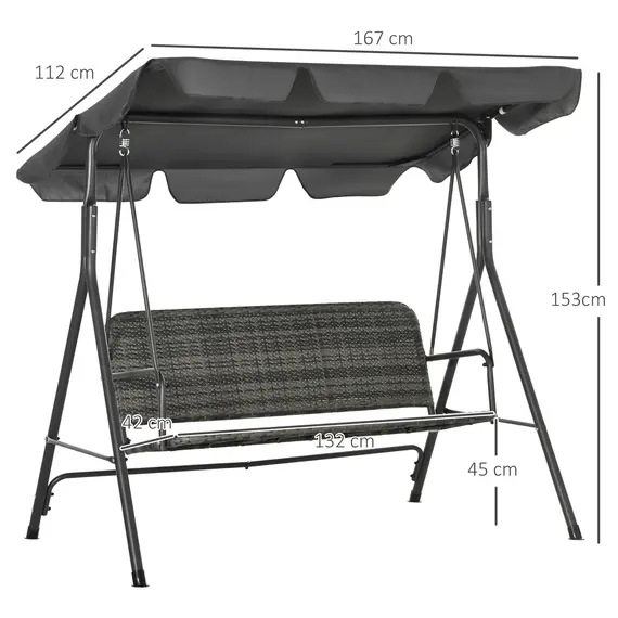 Buy 3-Seater Outdoor PE Rattan Swing Chair, Patio Wicker Hanging Swing Bench with Steel Frame Stand & Adjustable Canopy, Grey, 3 image