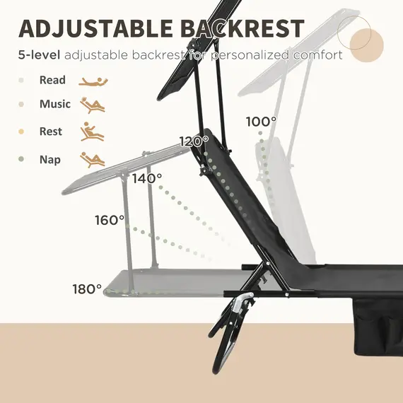 Buy Outsunny Set of Two Folding Sun Loungers, with Adjustable Backs and Sun Canopies - Black, 4 image