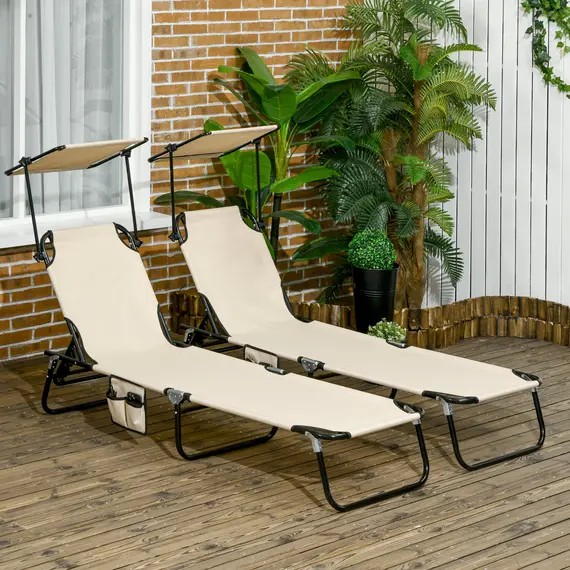 Buy Outsunny 2 Piece Folding Sun Loungers with Canopy, Adjustable Recliner Garden Chairs with Side Pocket, Steel Frame and Breathable Mesh for Outdoor, Pool, Beach, Garden, Tan Brown, 2 image