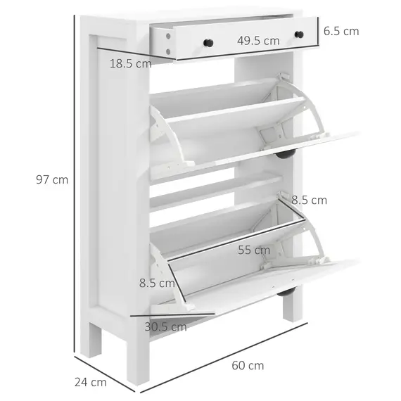 Buy Narrow Shoe Cabinet with 2 Flip Drawers and Adjustable Shelves, White, 3 image