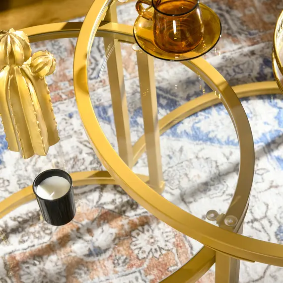 Buy Coffee Table Set of 2, Modern Nest of Tables with Tempered Glass Top, Steel Frame for Living Room, Gold Tone, 8 image