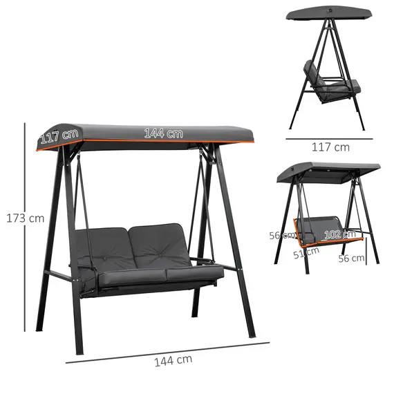 Buy Outsunny 2 Seater Garden Swing Chair with Adjustable Tilting Canopy, Outdoor Hammock Bench with Steel Frame for Patio, 144 x 117 x 173 cm, Grey, 3 image
