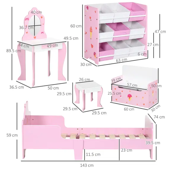 Buy ZONEKIZ 5PCs Kids Bedroom Furniture Set with Bed, Toy Box Bench, Storage Unit, Dressing Table and Stool, Princess Themed, for 3-6 Years Old, Pink, 3 image