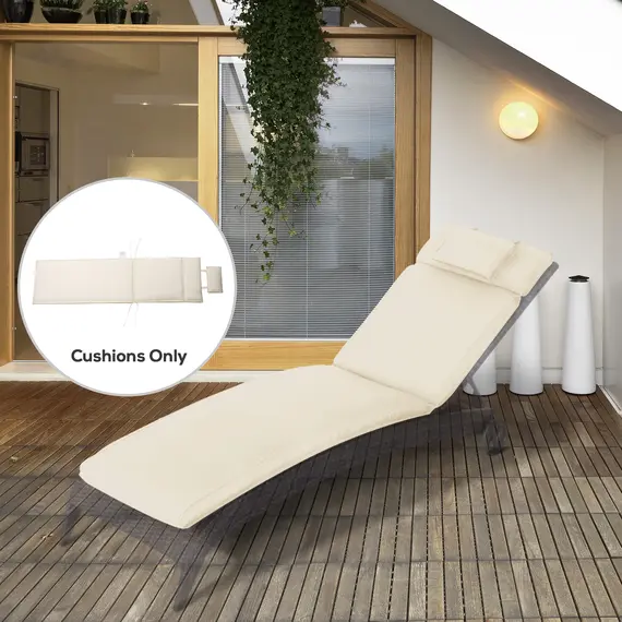 Buy Outsunny Garden Sun Lounger Cushion Replacement Soft Sunbed Reclining Chair Relaxer Pad with Pillow, Cushion ONLY - Cream White, 2 image