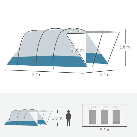Buy 6-8 Person Tunnel Tent, Camping Tent with Bedroom, Living Room, Sewn-in Floor, 3 Doors and Carry Bag, 2000mm Water Column for Fishing, Hiking, Sports, and Traveling, Blue, 3 image