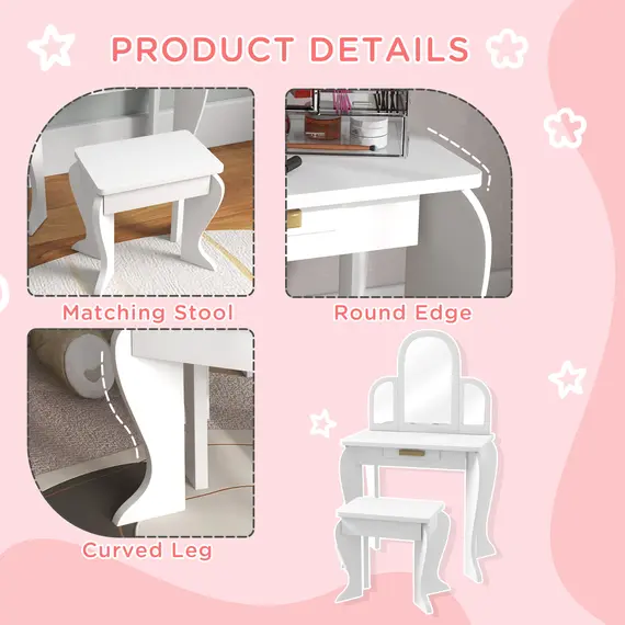 Buy Kids Dressing Table Set, with Mirror and Drawer - White, 6 image