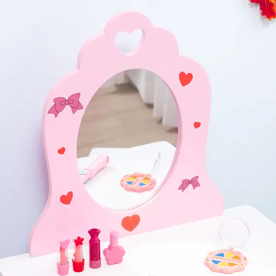 Buy ZONEKIZ 5PCs Kids Bedroom Furniture Set with Bed, Toy Box Bench, Storage Unit, Dressing Table and Stool, Princess Themed, for 3-6 Years Old, Pink, 8 image