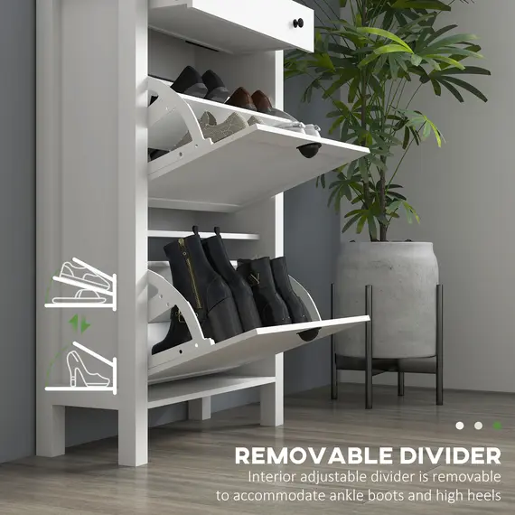 Buy Narrow Shoe Cabinet with 2 Flip Drawers and Adjustable Shelves, White, 6 image