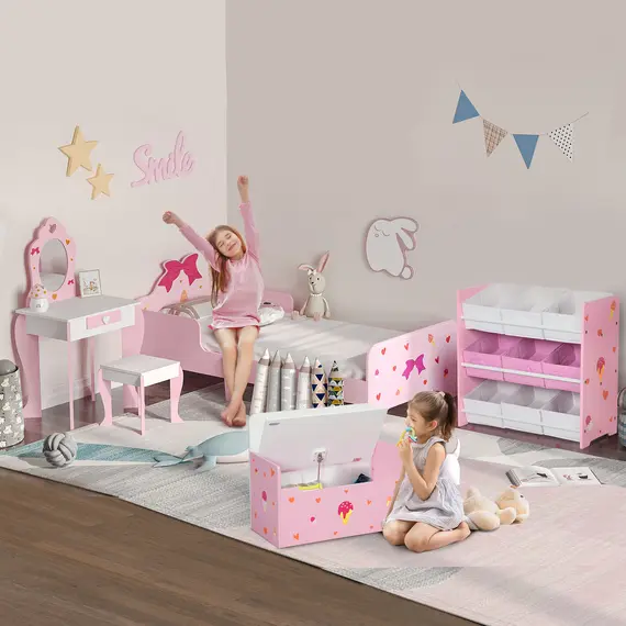 Buy ZONEKIZ 5PCs Kids Bedroom Furniture Set with Bed, Toy Box Bench, Storage Unit, Dressing Table and Stool, Princess Themed, for 3-6 Years Old, Pink, 2 image