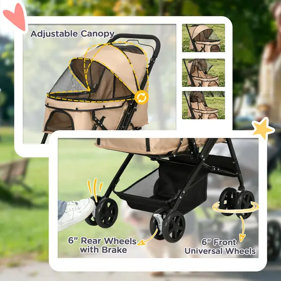 Buy Pet Stroller Pushchair Foldable Travel Dog Cat Carriage w/ Reversible Handle Brake Basket, 6 image